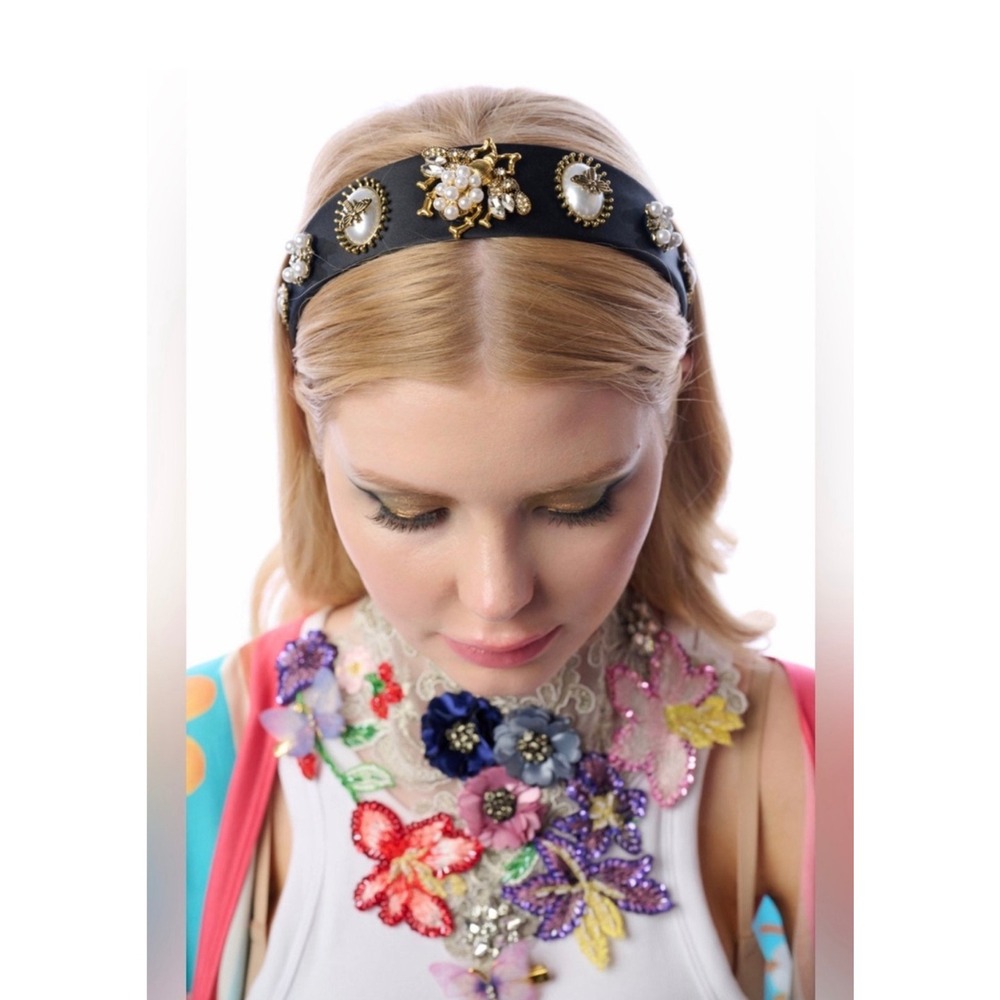 Black Satin Embellished Bumblebee Headband Faux Pearl Crystal Gold Tone Crown